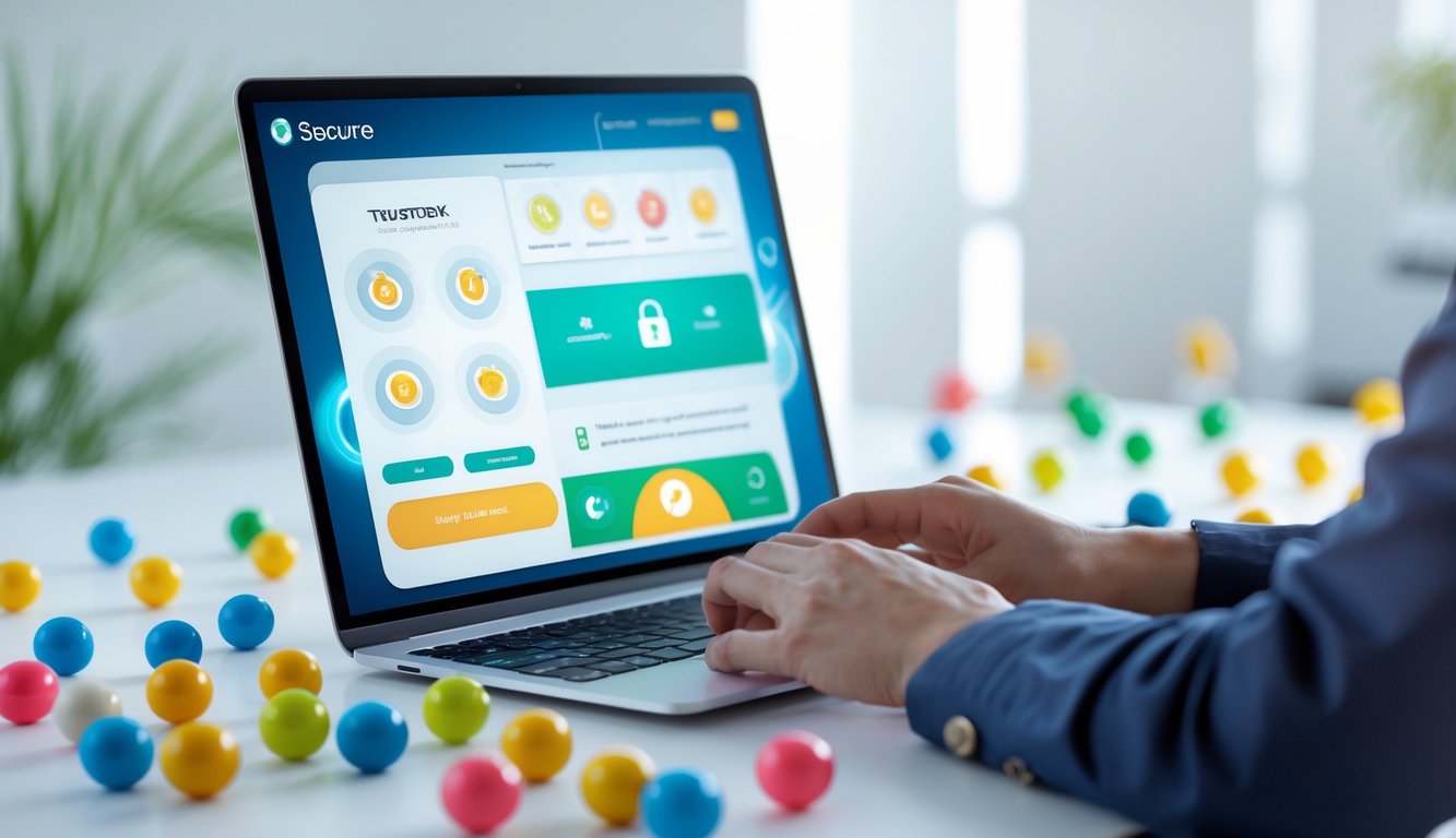 Seorang profesional menggunakan laptop dengan bola lotere di meja, menggambarkan situs togel online yang terpercaya.