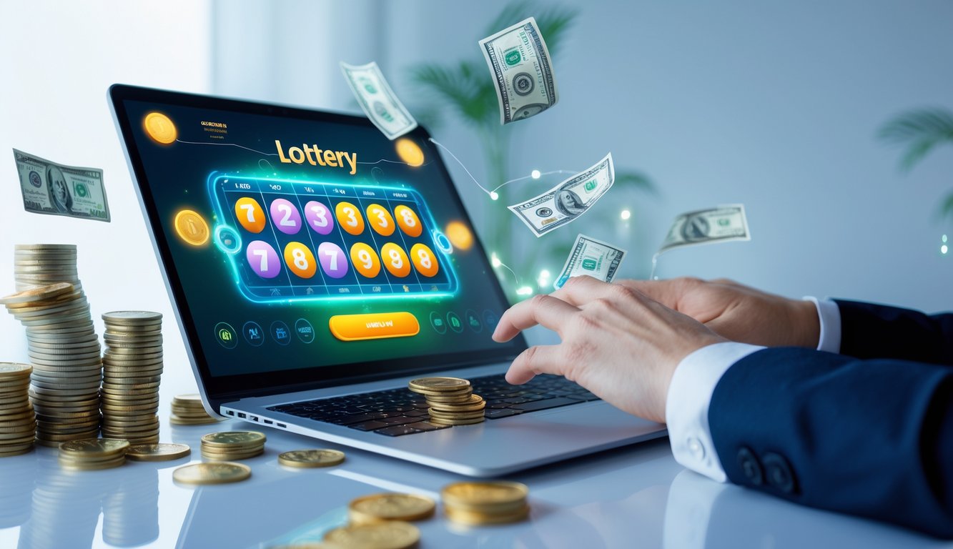 Seorang profesional menggunakan komputer dengan tampilan permainan lotere online di layar, dikelilingi oleh uang dan koin di meja yang rapi.