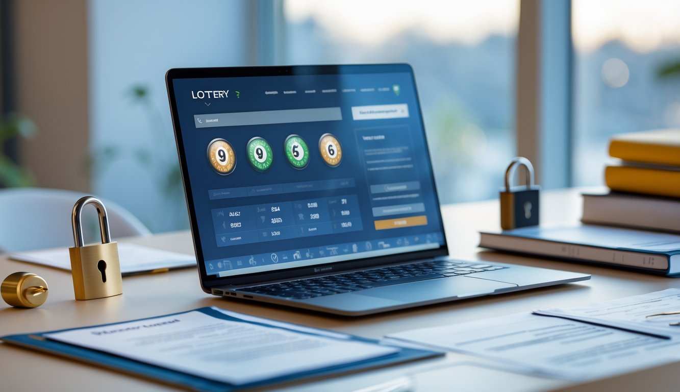 Seorang profesional bekerja di depan laptop dengan simbol keamanan dan dokumen resmi di meja.