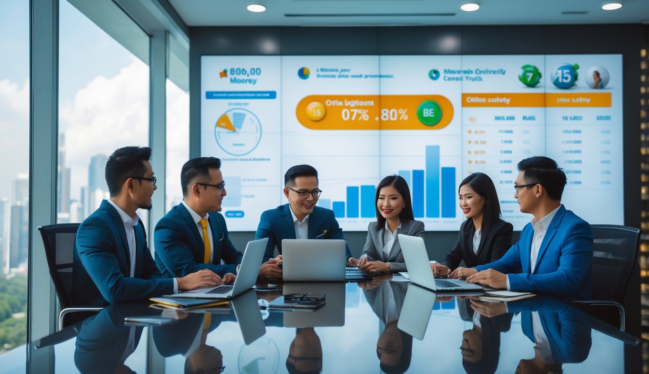 Sekelompok profesional Indonesia sedang rapat di kantor modern dengan pemandangan kota di luar jendela.