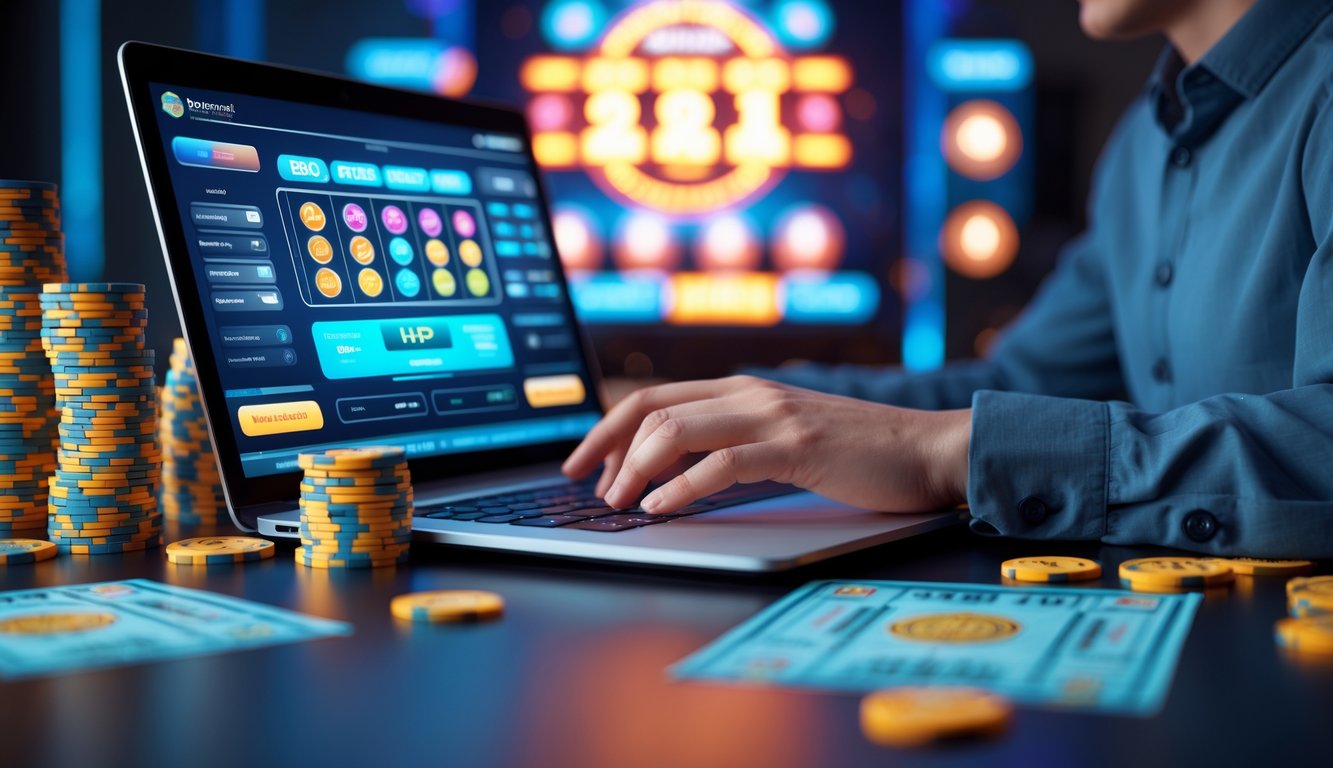 Seorang pria menggunakan laptop di meja kerja dengan suasana yang menunjukkan permainan togel online dan hadiah besar.