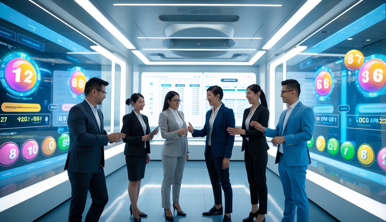 Sejumlah profesional sedang bekerja di ruang kantor modern dengan layar sentuh besar yang menampilkan angka dan bola lotere berwarna-warni.
