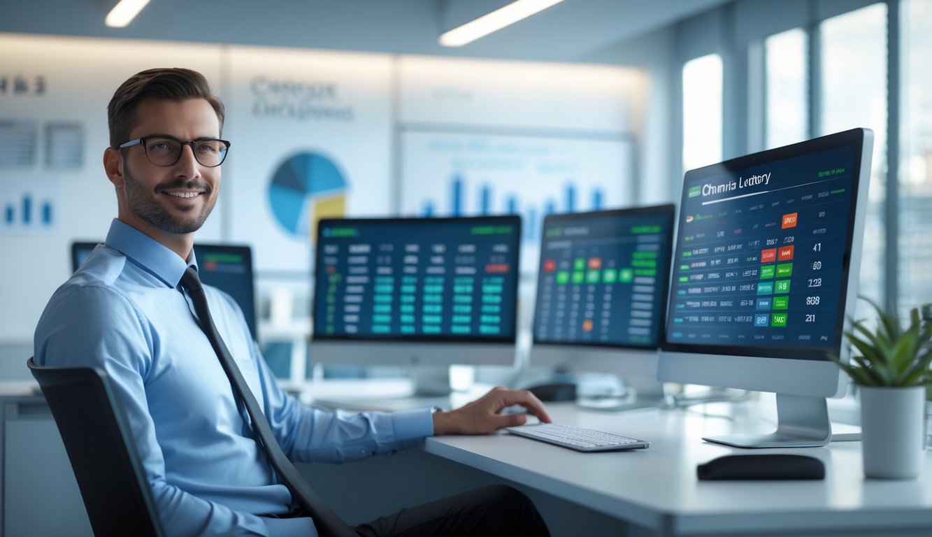 Seorang profesional sedang bekerja di depan beberapa layar komputer yang menampilkan data dan grafik terkait togel di sebuah kantor modern.