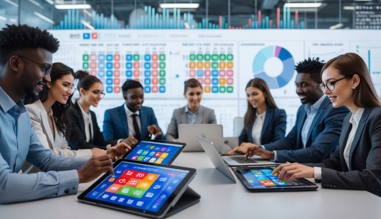 Sekelompok profesional muda bekerja dengan perangkat digital di kantor modern yang terang dan bersih, menampilkan grafik dan data terkait permainan lotere online.