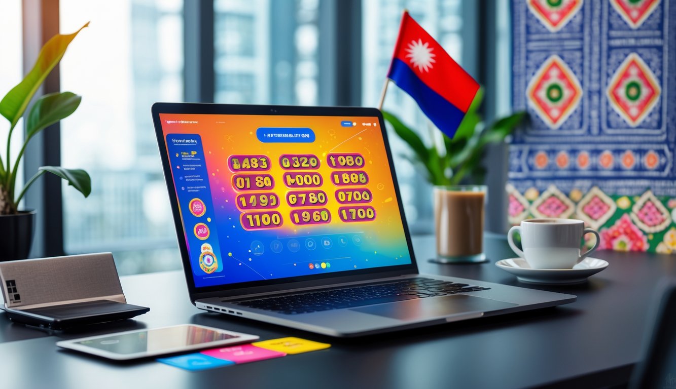 Meja kerja modern dengan laptop yang menampilkan antarmuka permainan lotere online dan bendera kecil Indonesia di sampingnya.