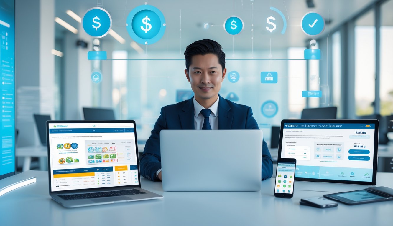 Seorang pebisnis profesional duduk di meja dengan perangkat digital yang menampilkan grafik lotere di kantor modern.