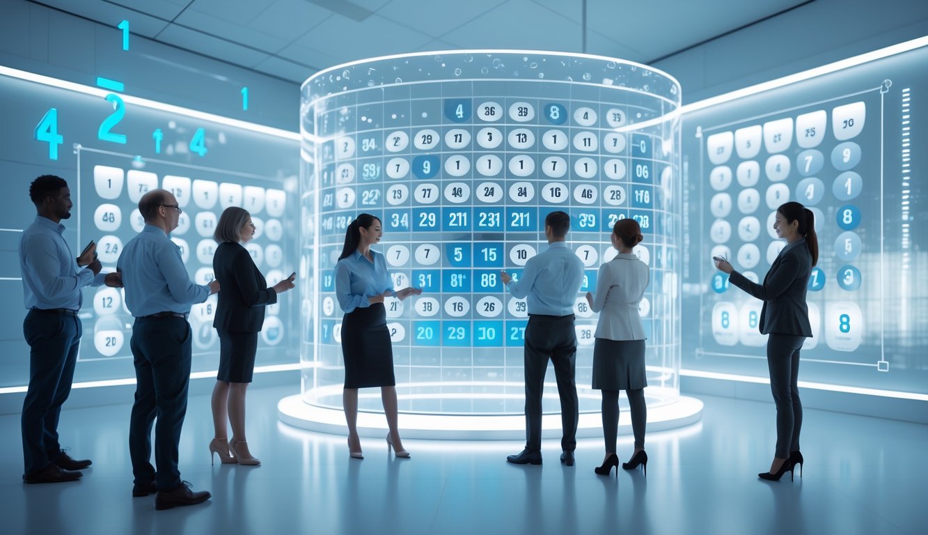 Beberapa orang sedang menggunakan layar sentuh transparan yang menampilkan angka dan grafik lotere dalam berbagai dimensi di ruang kerja modern.
