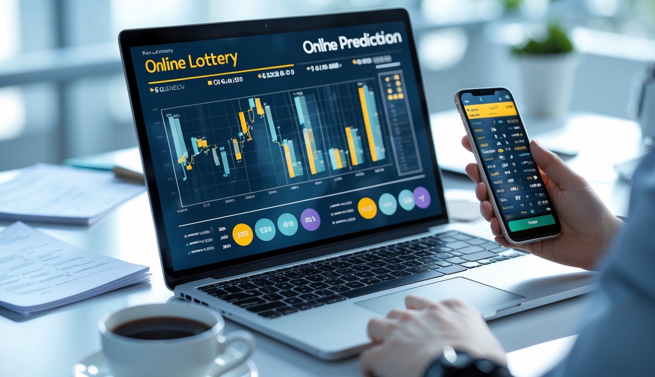 Seseorang sedang menganalisis data lotre online di depan laptop di meja kerja yang rapi.