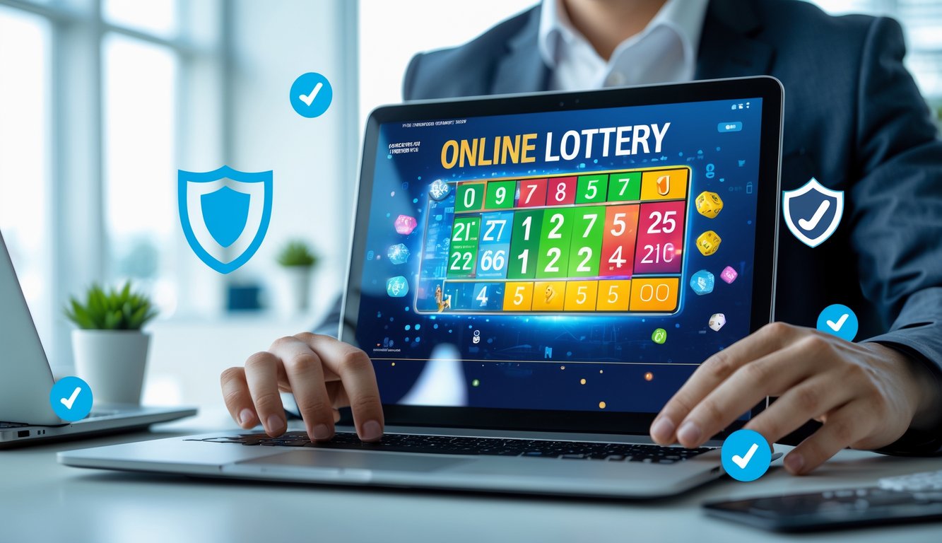 Sebuah ruang kerja modern dengan laptop yang menampilkan antarmuka permainan togel online, dikelilingi simbol keamanan dan kepercayaan, dengan tangan seseorang yang sedang menggunakan laptop.