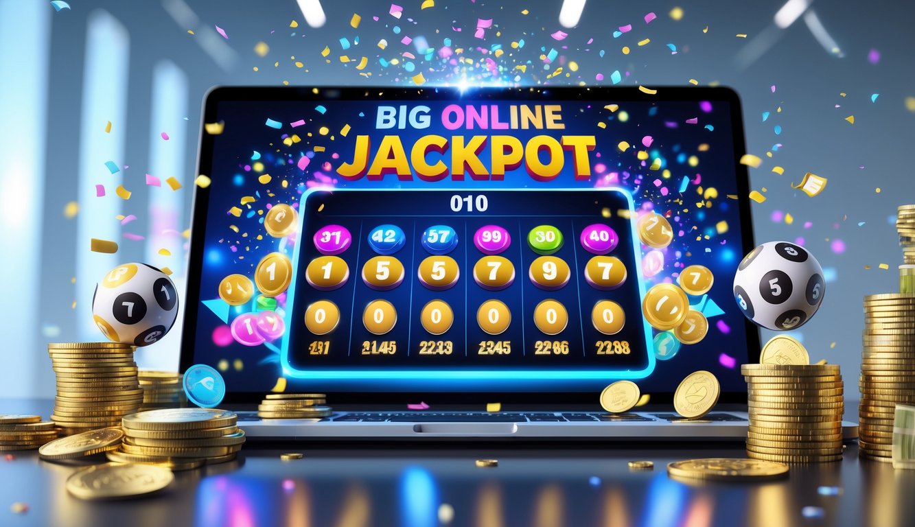 Seseorang menggunakan perangkat digital dengan layar menampilkan angka lotere dan elemen keberuntungan seperti koin emas dan bola lotere, menggambarkan suasana kemenangan jackpot besar togel online.