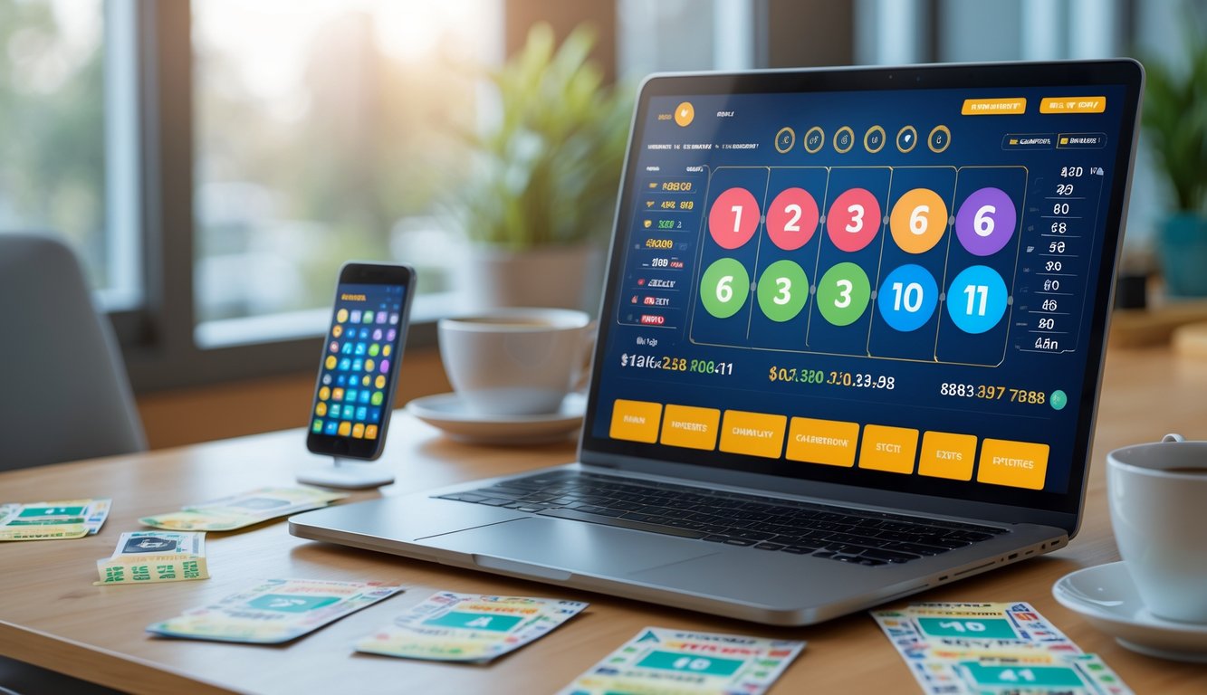 Meja kerja modern dengan laptop yang menampilkan antarmuka lotere digital, tiket lotere, ponsel dengan aplikasi taruhan, dan secangkir kopi di lingkungan rumah atau kantor yang nyaman.