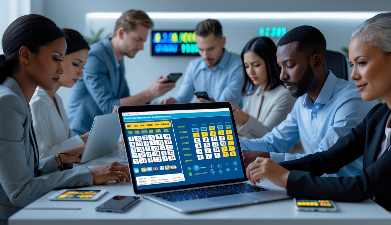 Orang-orang menggunakan perangkat digital untuk bermain togel online di ruang kerja modern pada malam hari.