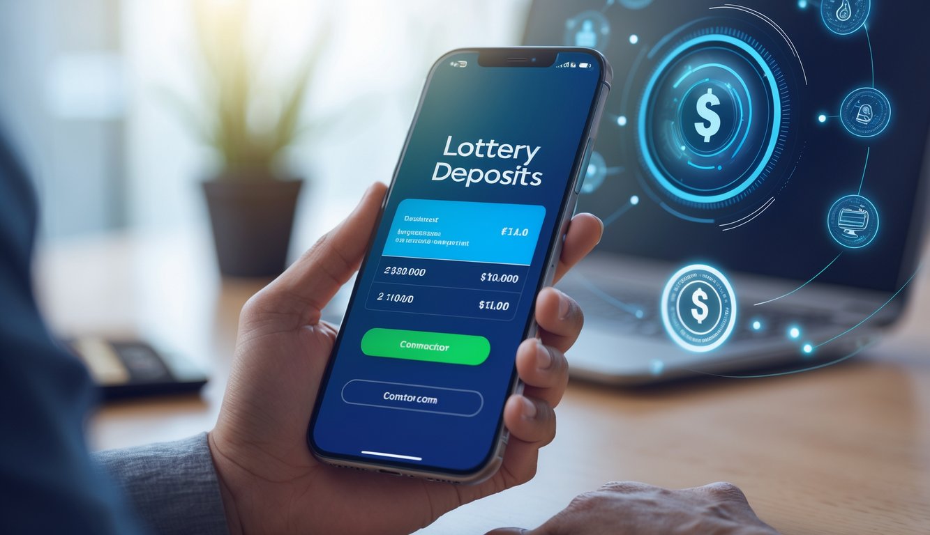 Tangan memegang ponsel dengan layar aplikasi pembayaran online yang menampilkan konfirmasi transaksi di meja kerja modern.