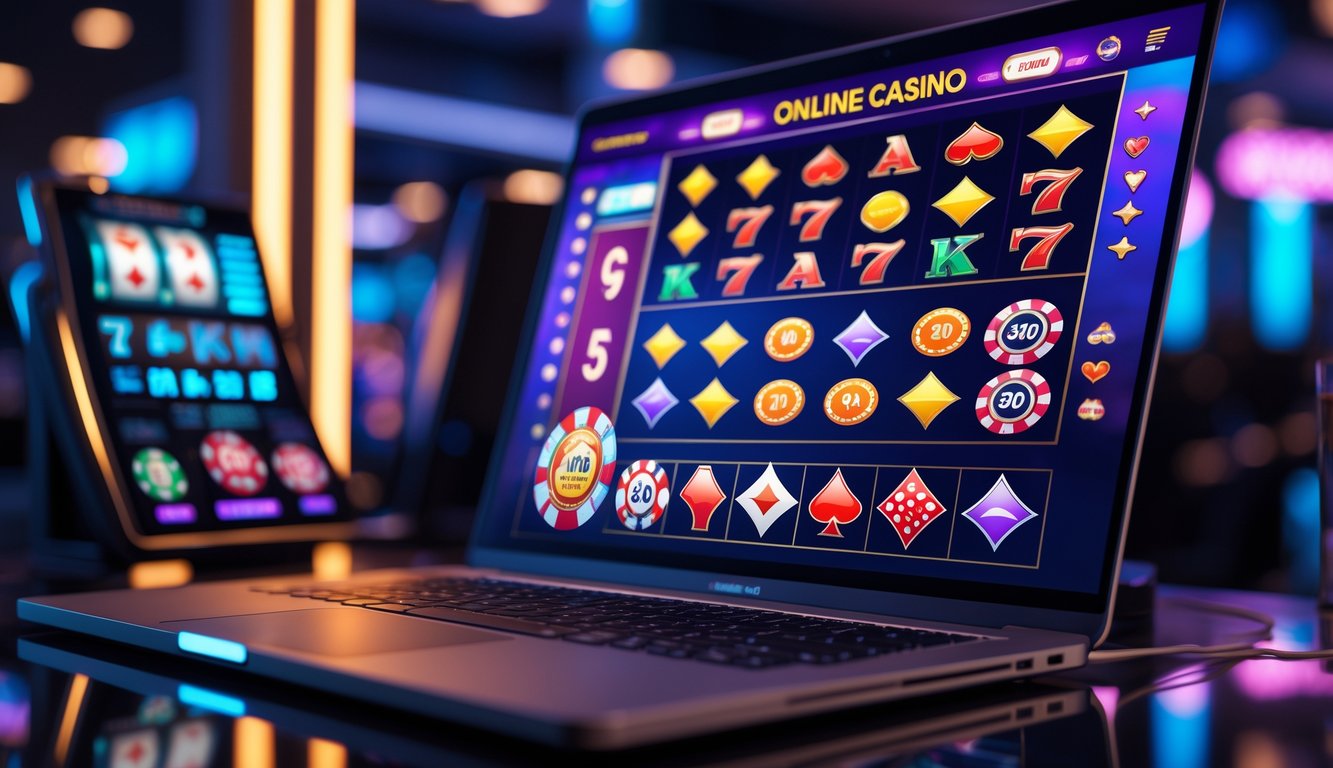 Tampilan komputer dengan antarmuka kasino online yang menampilkan mesin slot, kartu poker, dan roda roulette di lingkungan yang modern dan elegan.