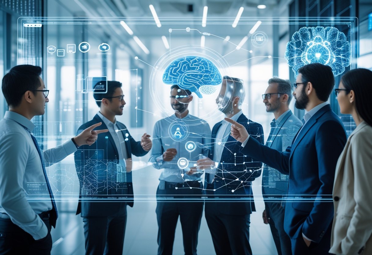 AI Overview: Definition, Funktionsweise und Suchanwendungen 2 Mehrere Personen in einem modernen Büro betrachten gemeinsam ein großes digitales Display mit abstrakten Symbolen für künstliche Intelligenz.