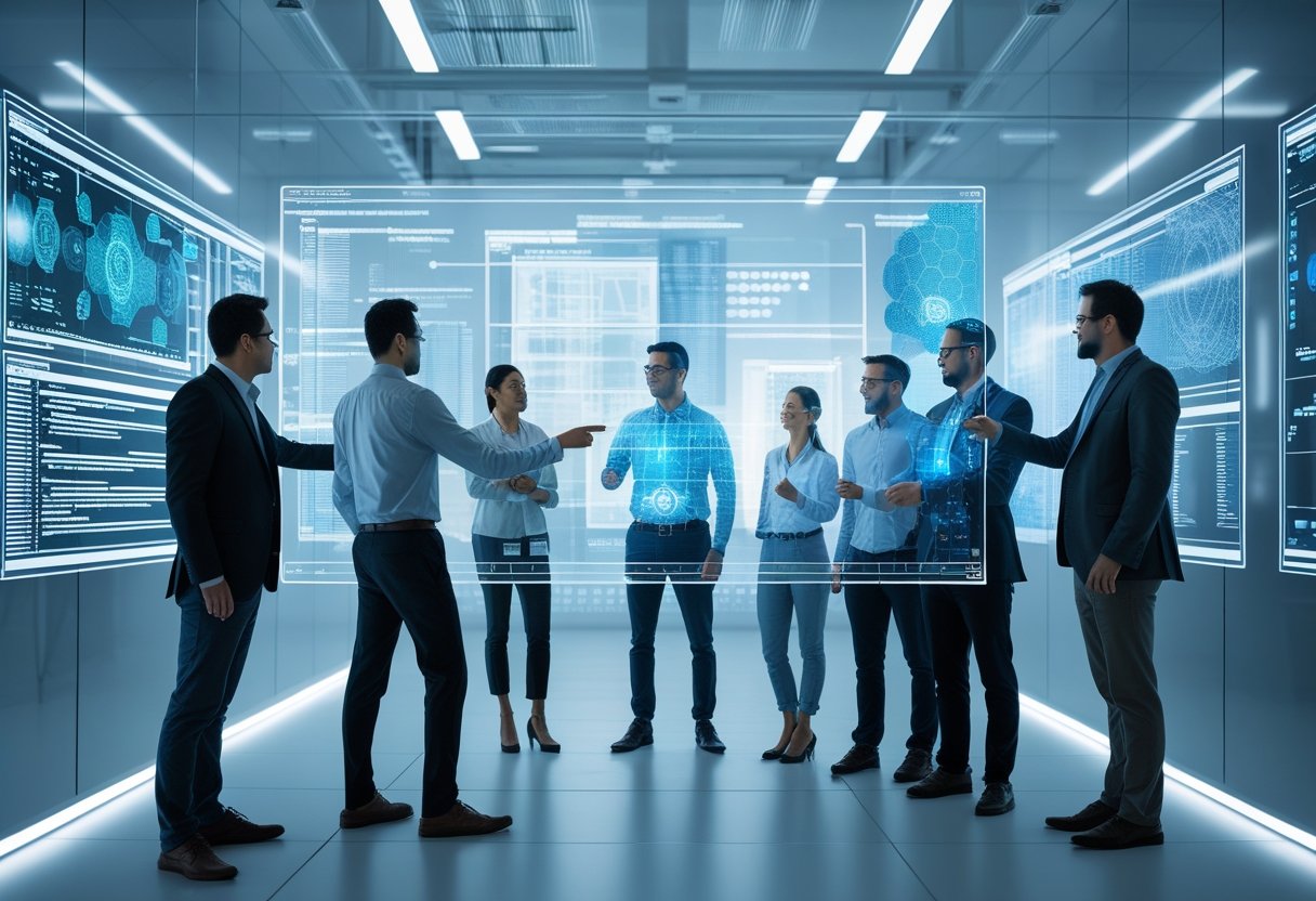 AI Overview: Definition, Funktionsweise und Suchanwendungen 3 Eine Gruppe von Fachleuten diskutiert vor digitalen Bildschirmen mit Darstellungen von künstlicher Intelligenz in einem modernen Büro.