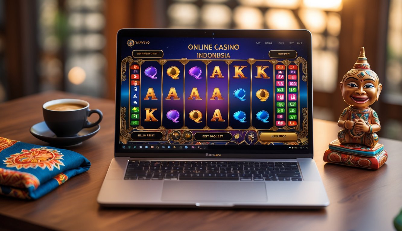 Seorang pengguna sedang bermain kasino online di laptop dengan elemen budaya Indonesia di sekitar meja.