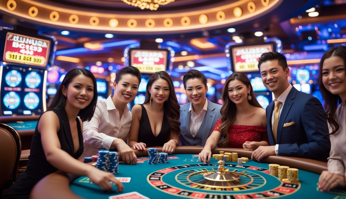 Orang-orang menikmati permainan kasino di ruangan mewah dengan lampu terang dan suasana meriah.