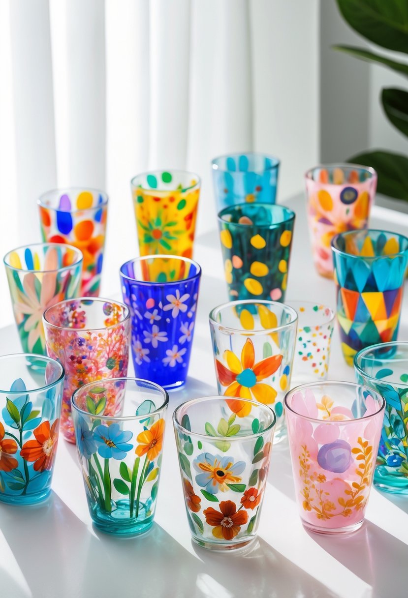 Fifteen glass cups with different colorful painted designs arranged on a white surface.