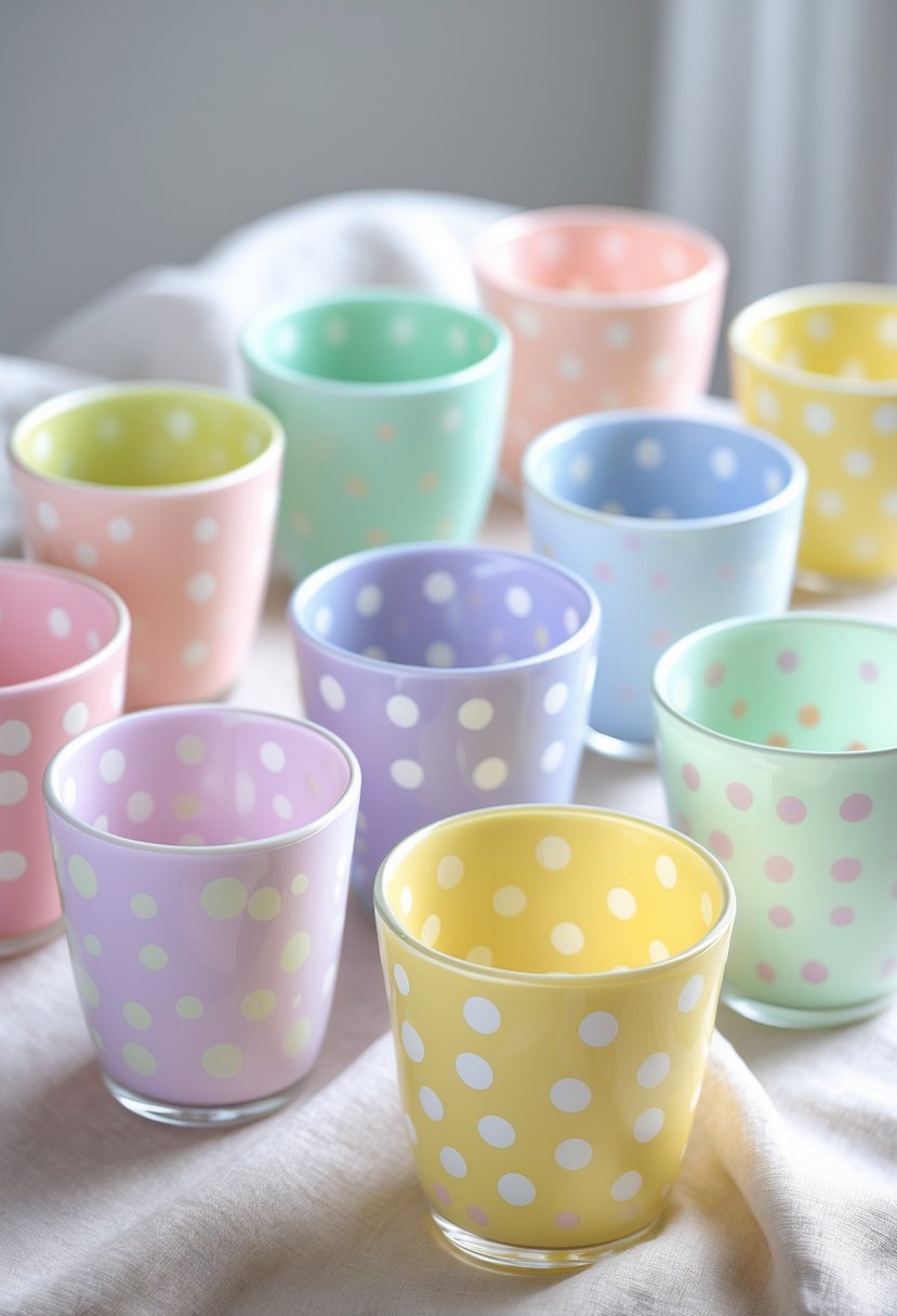 A collection of 15 glass cups decorated with pastel-colored polka dot patterns arranged on a neutral surface.