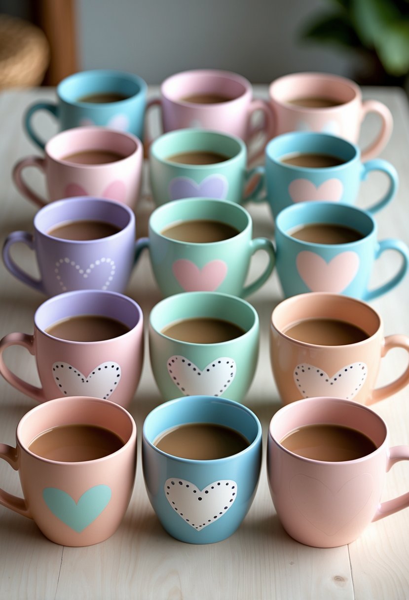 A collection of 15 ceramic mugs painted with pastel heart patterns arranged on a wooden table.
