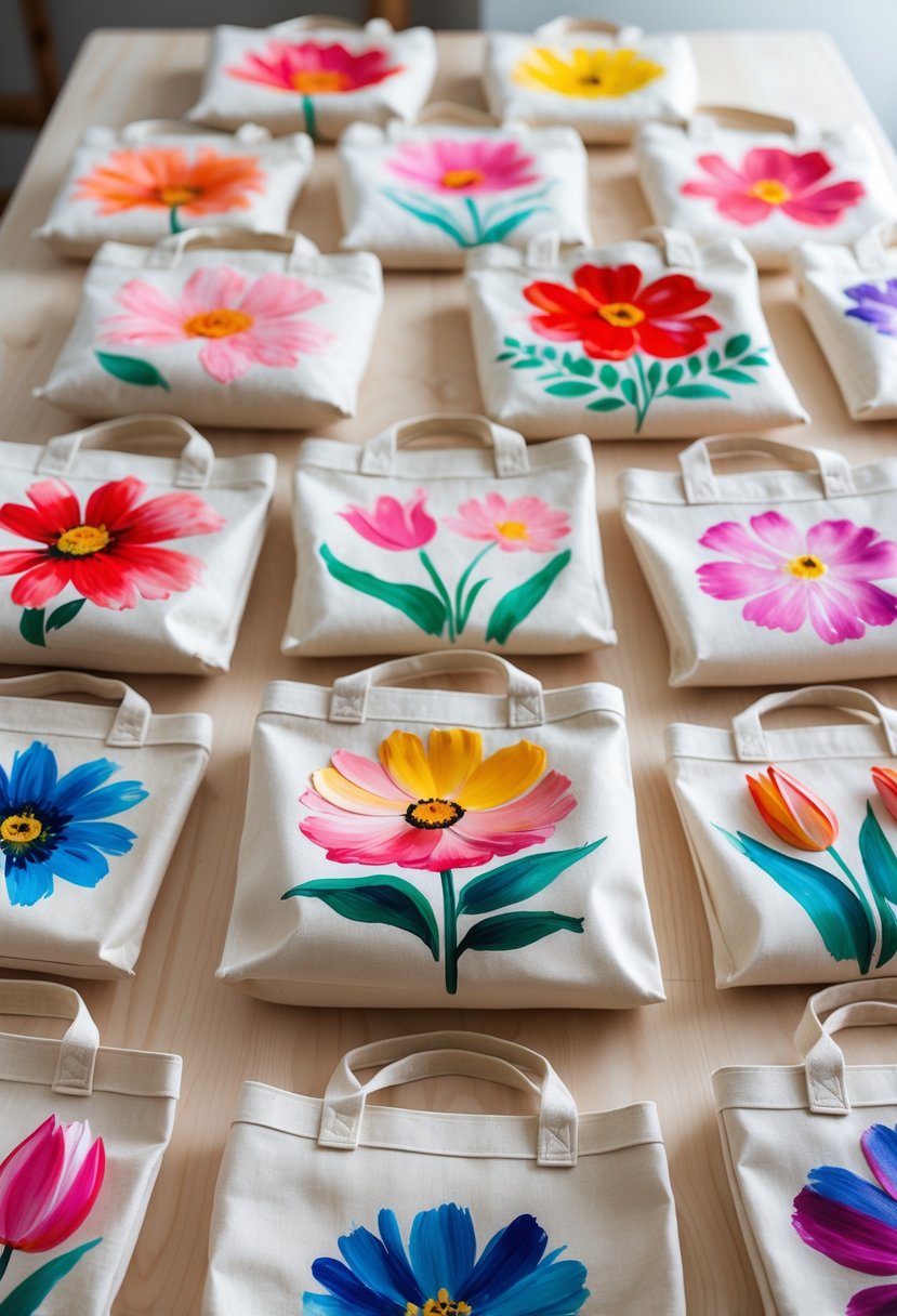 A collection of 15 canvas bags decorated with colorful floral paintings arranged on a wooden surface.