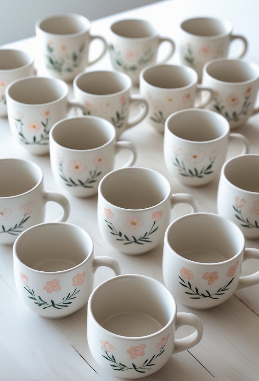 A collection of 15 ceramic mugs with delicate floral wreath designs arranged on a wooden surface.