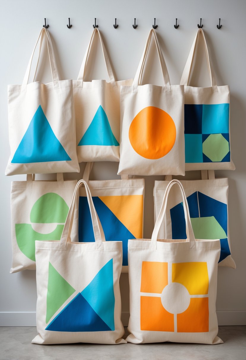 A collection of canvas tote bags decorated with colorful geometric shapes arranged on a neutral background.
