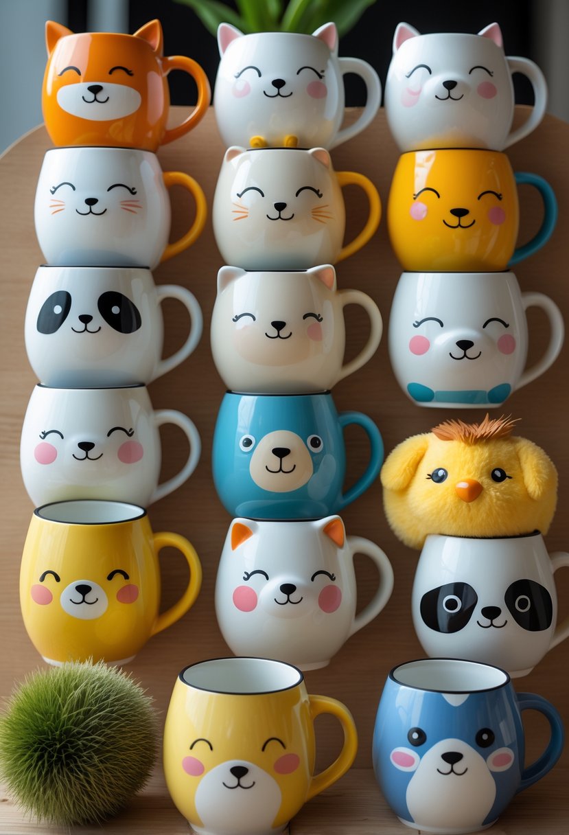 A collection of 15 ceramic mugs painted with different cute animal faces arranged on a wooden table.