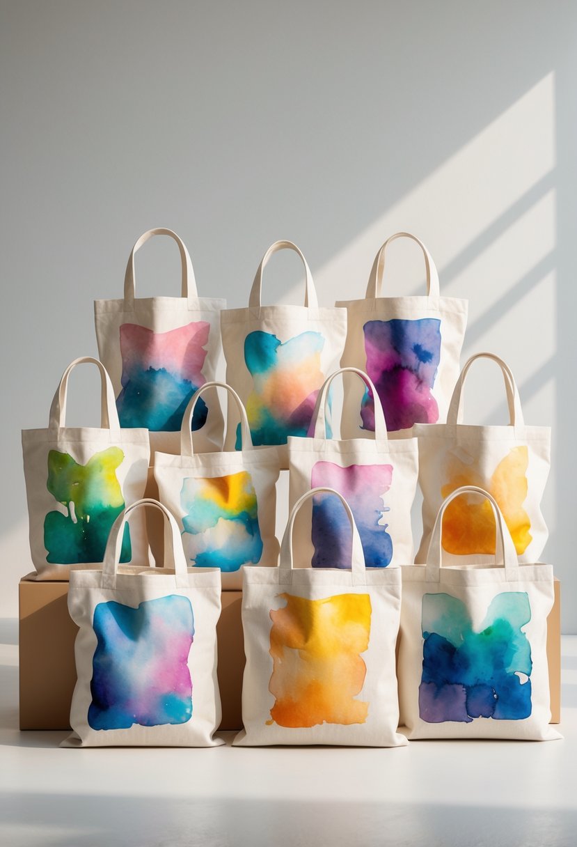 A collection of 15 canvas bags with colorful abstract designs arranged on a plain background.