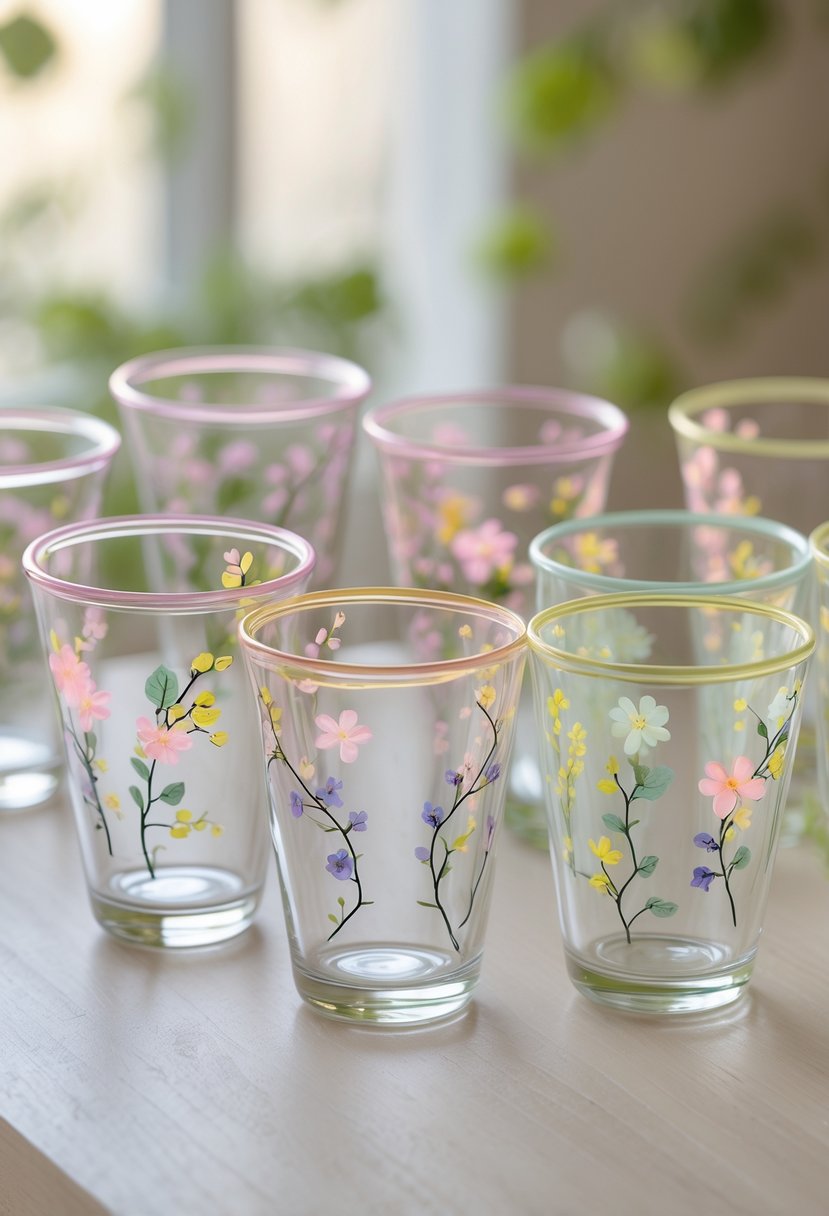 A collection of 15 glass cups with floral vine designs painted around their rims, arranged on a wooden surface.