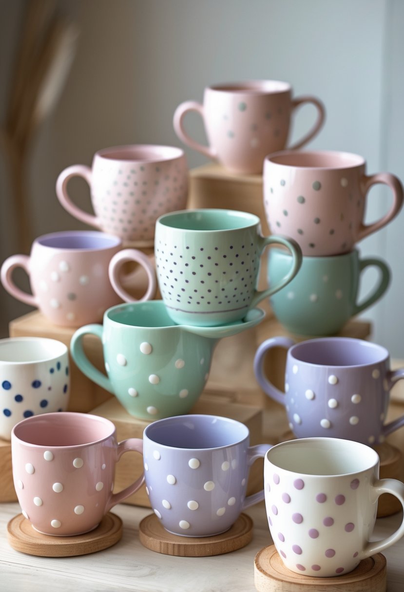A collection of fifteen ceramic mugs with colorful polka dot patterns arranged on a wooden surface.