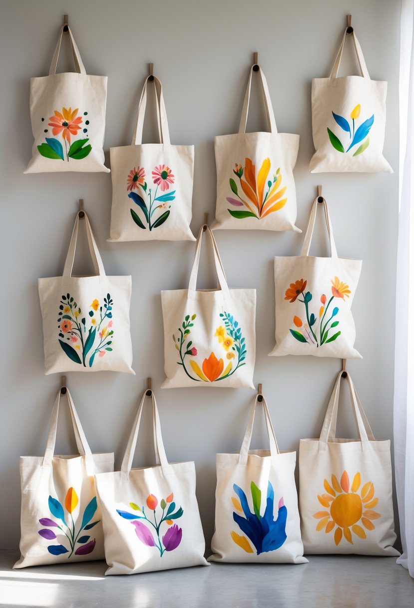 A collection of 15 colorful painted canvas tote bags arranged on a neutral background with natural lighting.