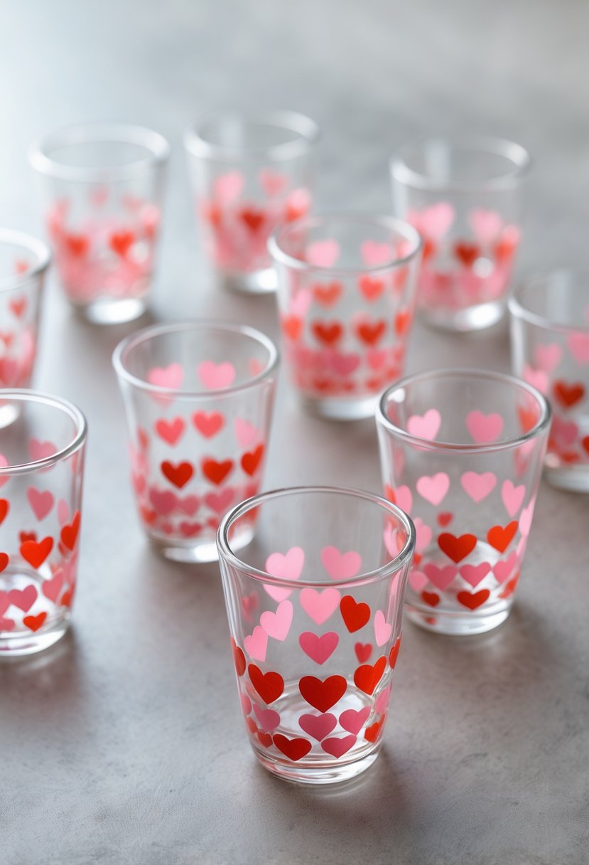 A group of 15 small glass cups with tiny heart clusters painted on their bases arranged on a surface.