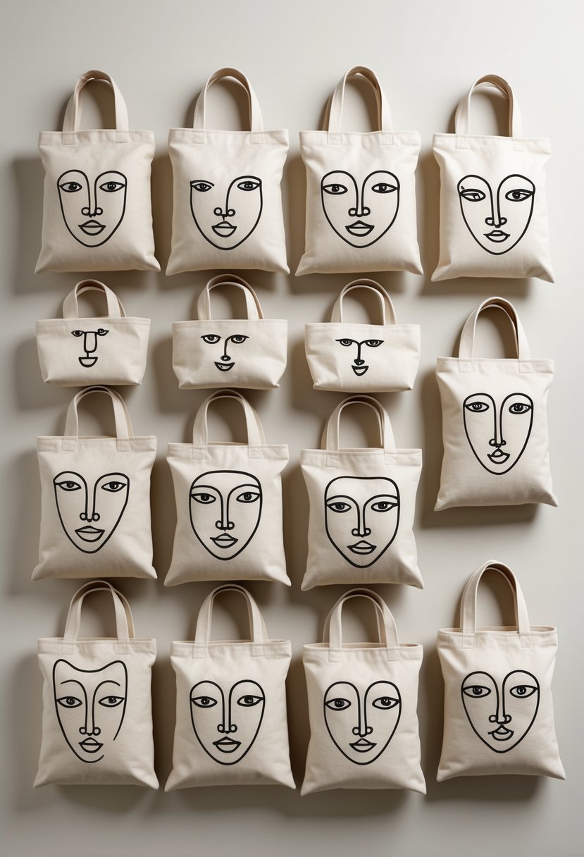 Fifteen canvas bags displayed on a neutral background, each decorated with simple black line drawings of human faces.