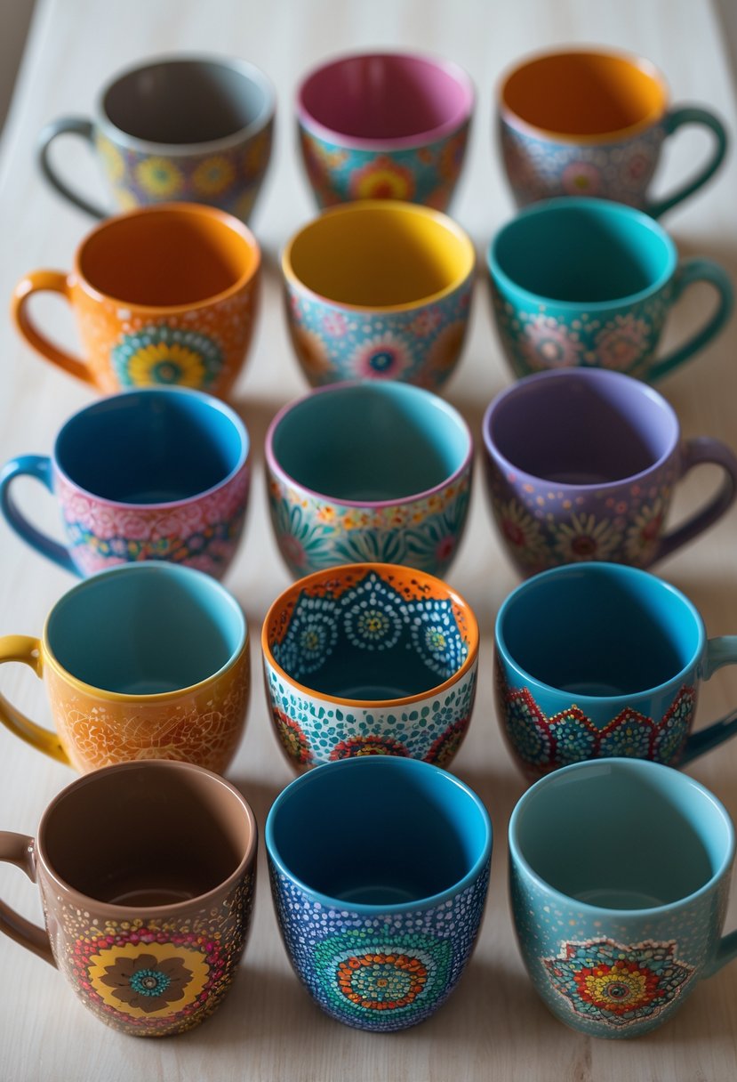 A collection of 15 colorful ceramic mugs with detailed mandala dot patterns arranged on a wooden surface.