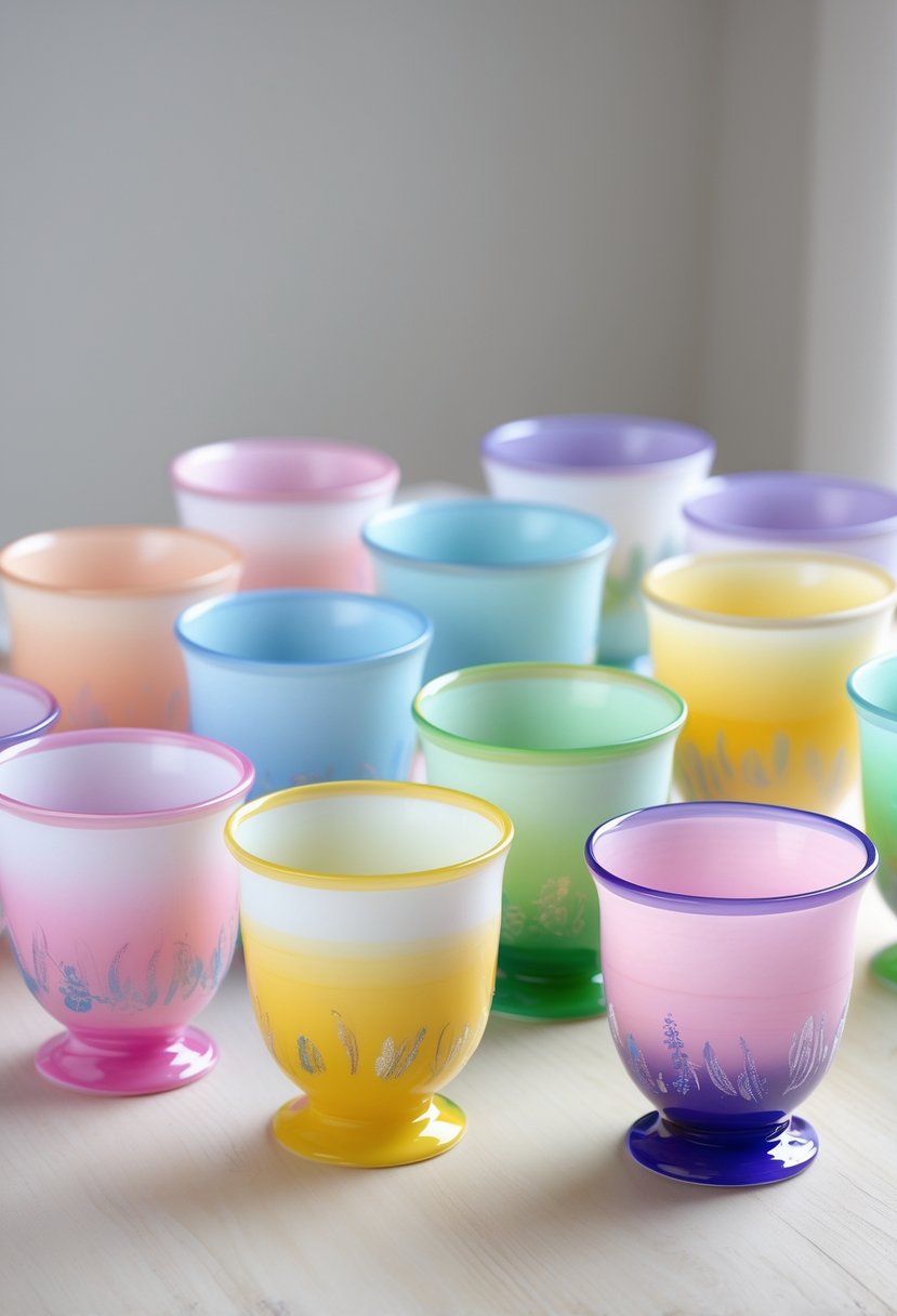 A collection of 15 colorful glass cups with gradient painting arranged on a wooden surface.