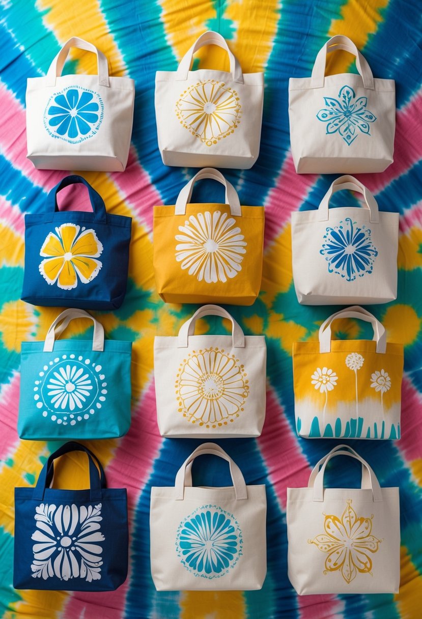 A collection of 15 painted canvas bags with white designs arranged on a colorful tie-dye background.