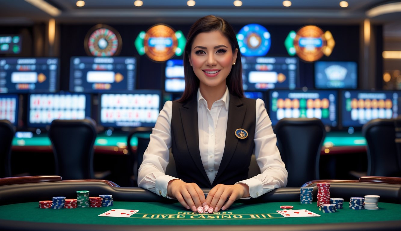 Seorang dealer kasino langsung duduk di meja kasino dengan kartu dan chip, di latar belakang terdapat monitor komputer yang menampilkan permainan kasino online.