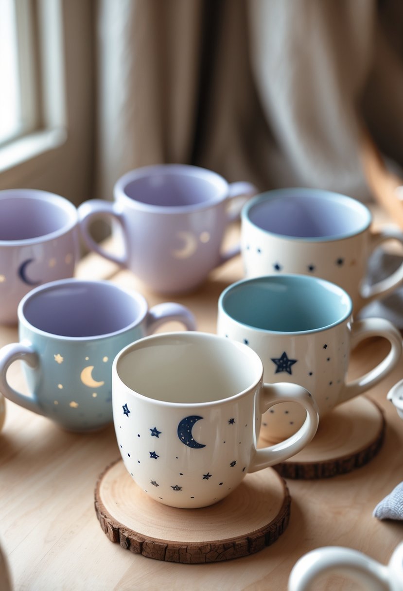 A collection of ceramic mugs painted with tiny stars and moons arranged on a wooden table.