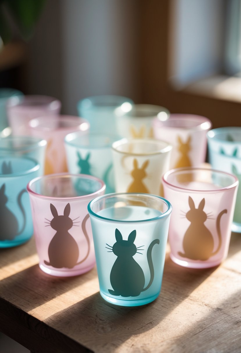 Fifteen glass cups painted with cute cat and bunny silhouettes arranged on a wooden table.