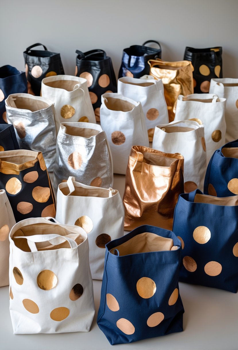 A group of 15 canvas bags painted with shiny metallic polka dots in various colors arranged on a plain background.