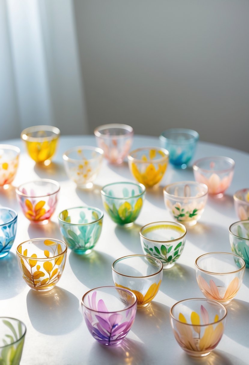 A collection of 15 small glass cups with colorful hand-painted designs arranged on a light surface.