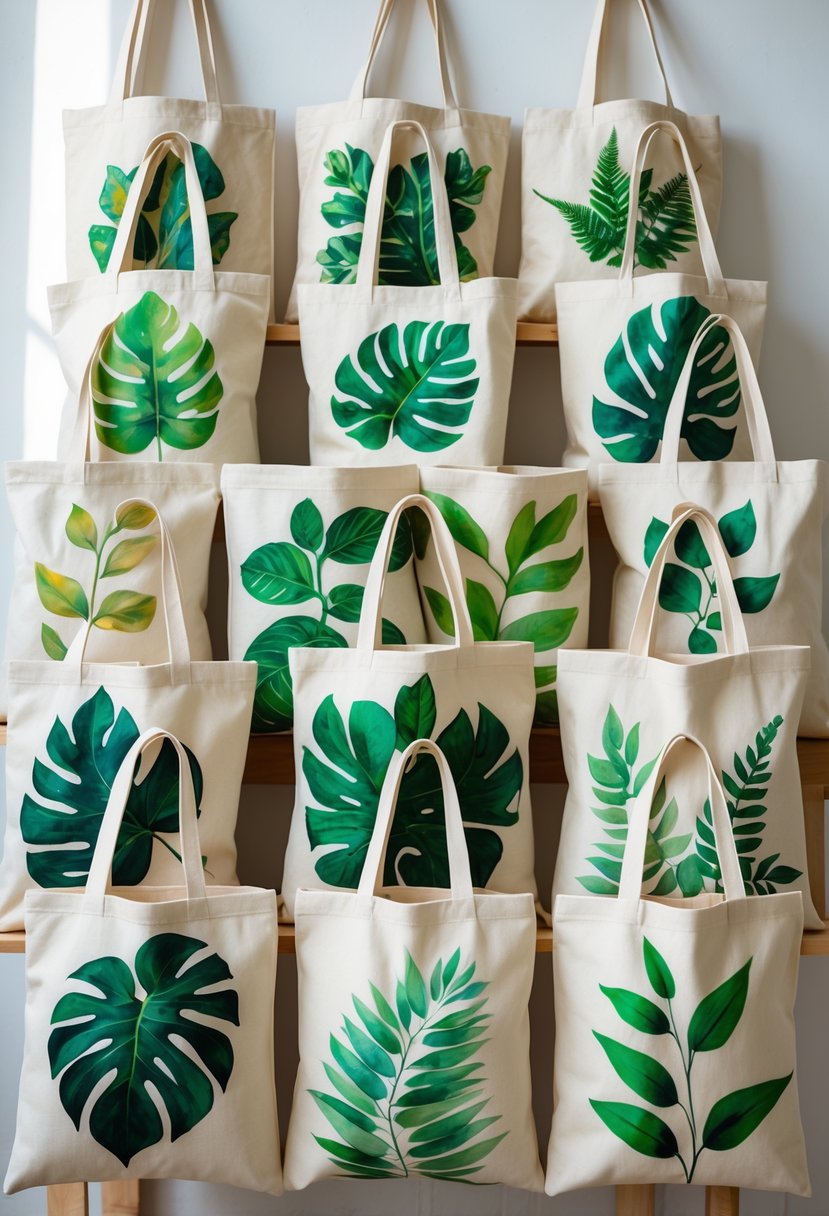 A collection of 15 canvas tote bags painted with different botanical leaf designs arranged on a wooden surface.