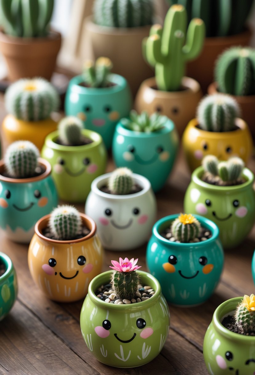 Fifteen small ceramic pots shaped like smiling cacti arranged on a wooden surface, each with a green cactus plant inside.