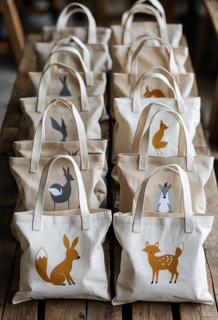 A collection of 15 canvas tote bags displayed on a wooden table, each painted with a different cute animal silhouette.