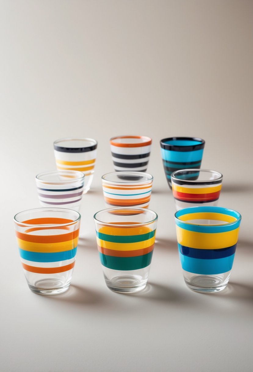 A collection of 15 glass cups decorated with colorful striped bands of different thicknesses arranged on a plain background.