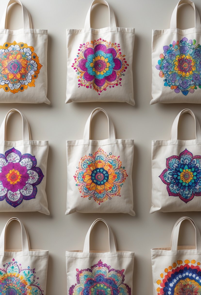 A collection of 15 canvas tote bags with colorful mandala dot paintings arranged on a neutral surface.