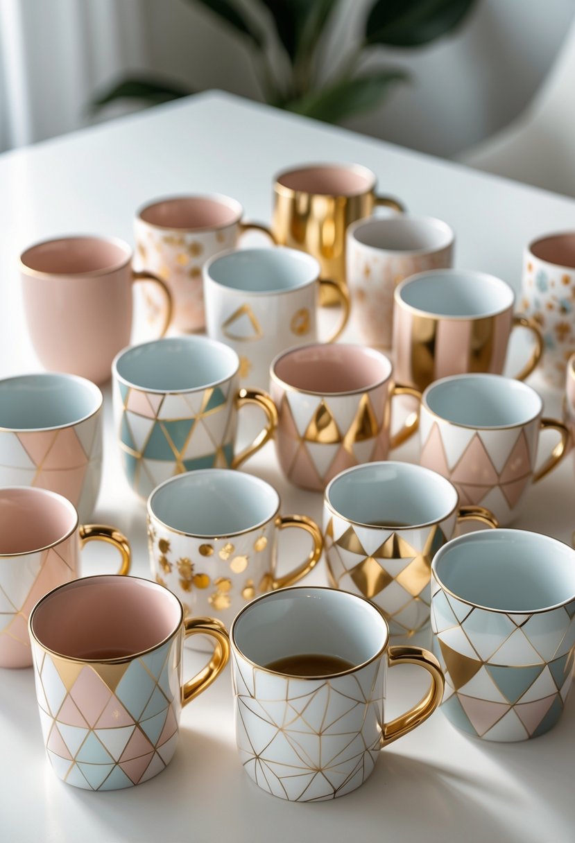 A group of 15 ceramic mugs with geometric shapes and gold accents arranged on a white surface.