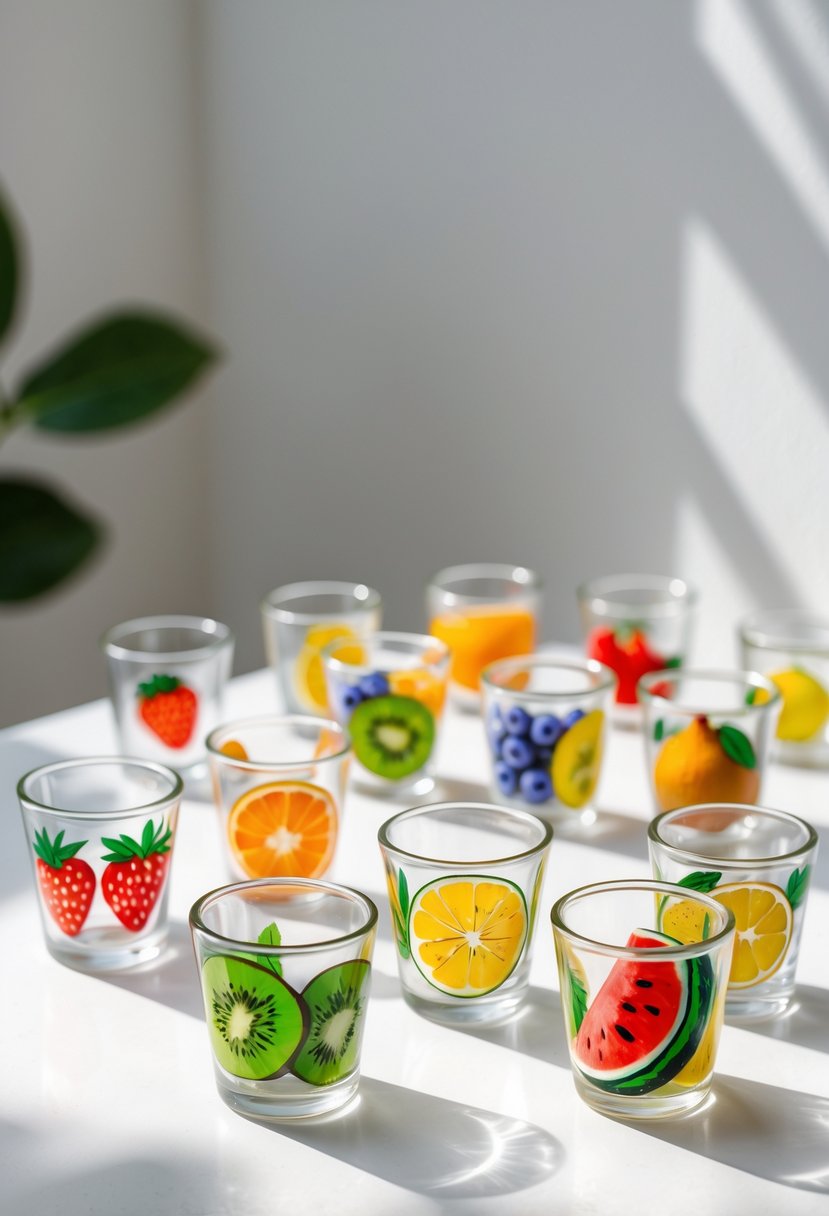 Fifteen small glass cups painted with colorful fruit designs arranged on a white surface.